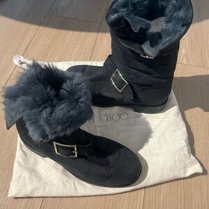 Jimmy Choo Biker Navy Suede Fur-Trim Buckle Boots 37.5